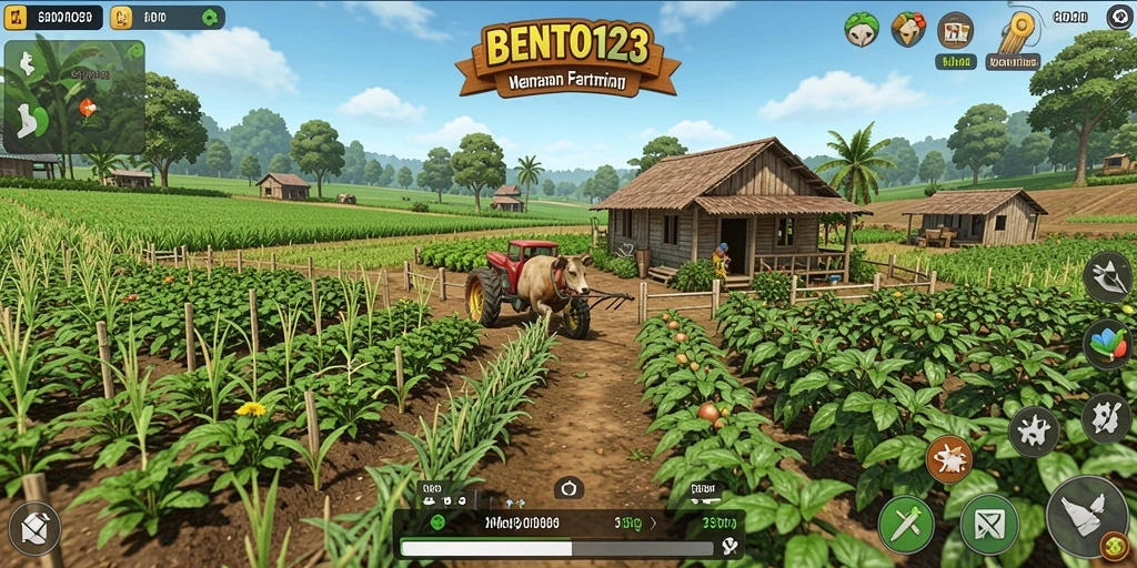 Screenshot gameplay BENTO123 menampilkan dunia pertanian yang indah.