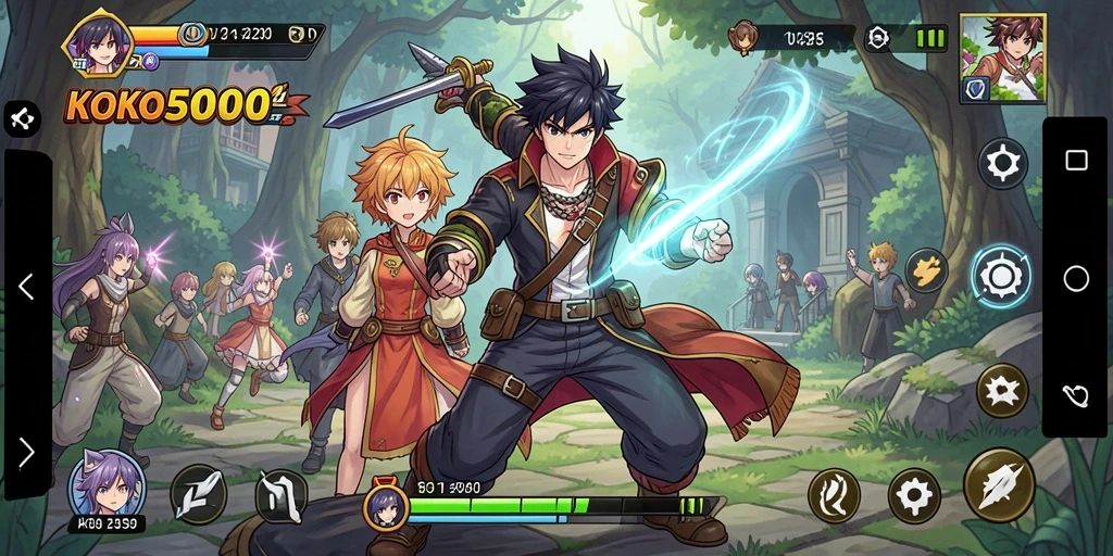 Gameplay KOKO5000 dengan karakter anime yang berwarna-warni.