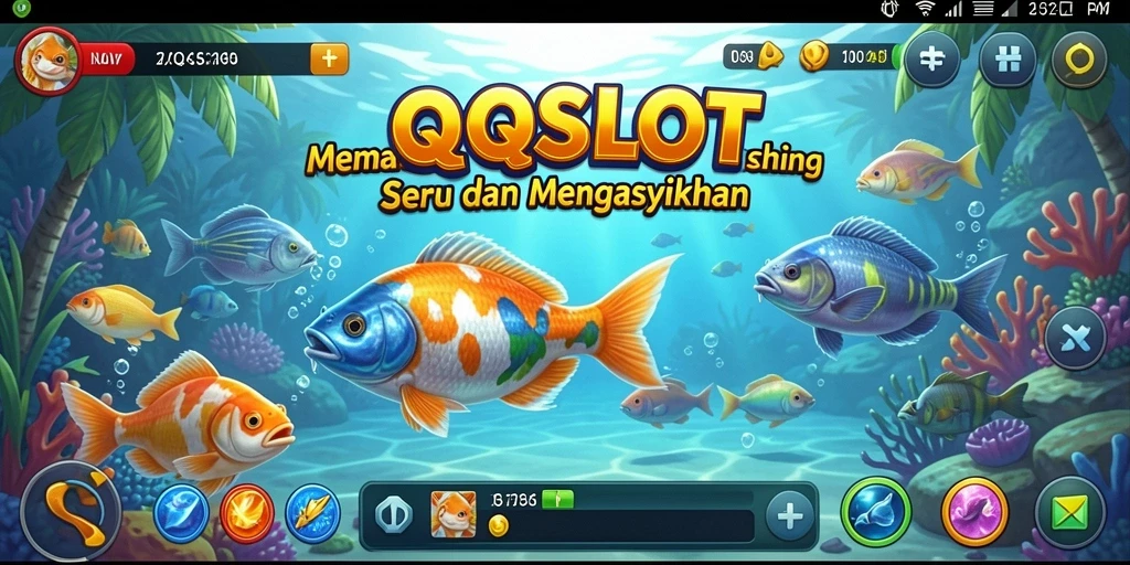 Tampilan gameplay QQSLOT dengan berbagai ikan yang menunggu untuk ditangkap.
