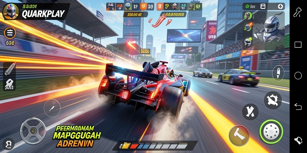 Screenshot utama menunjukkan aksi balap mendebarkan di QUARKPLAY.