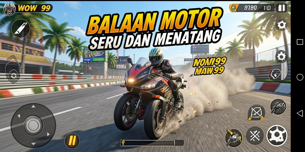 Screenshot utama WOW99 menampilkan balapan motor yang seru dan penuh aksi.